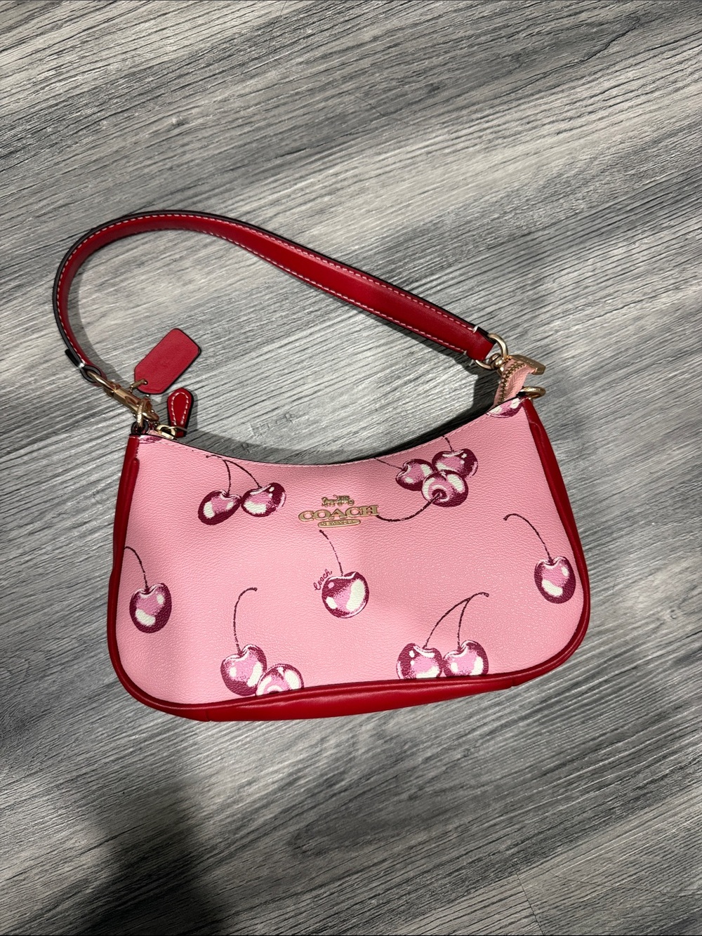 Coach Pink Cherry Print Shoulder Bag with Red Trim